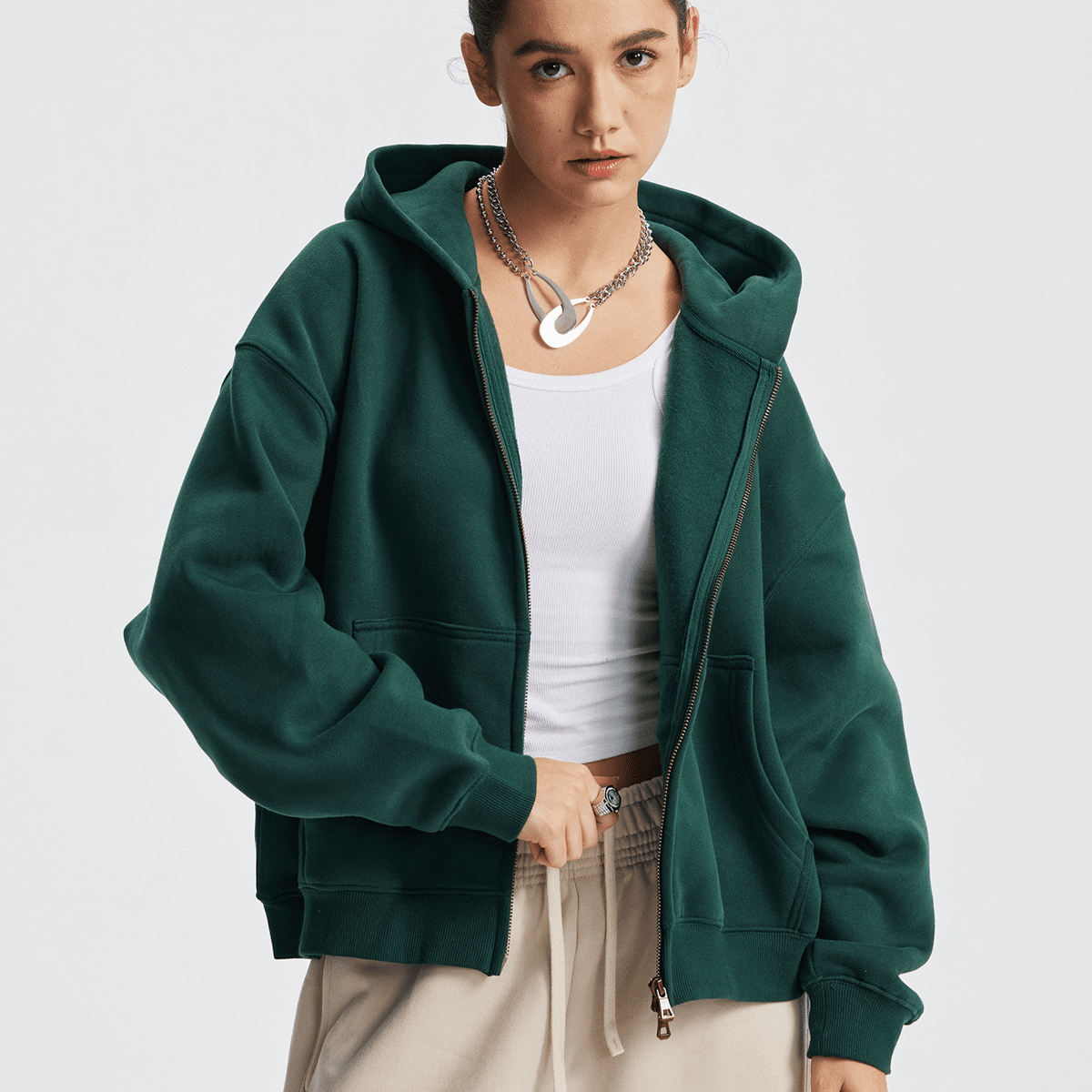 Basic Boxy Fleece Double Zip-Up Hoodie (380GSM)