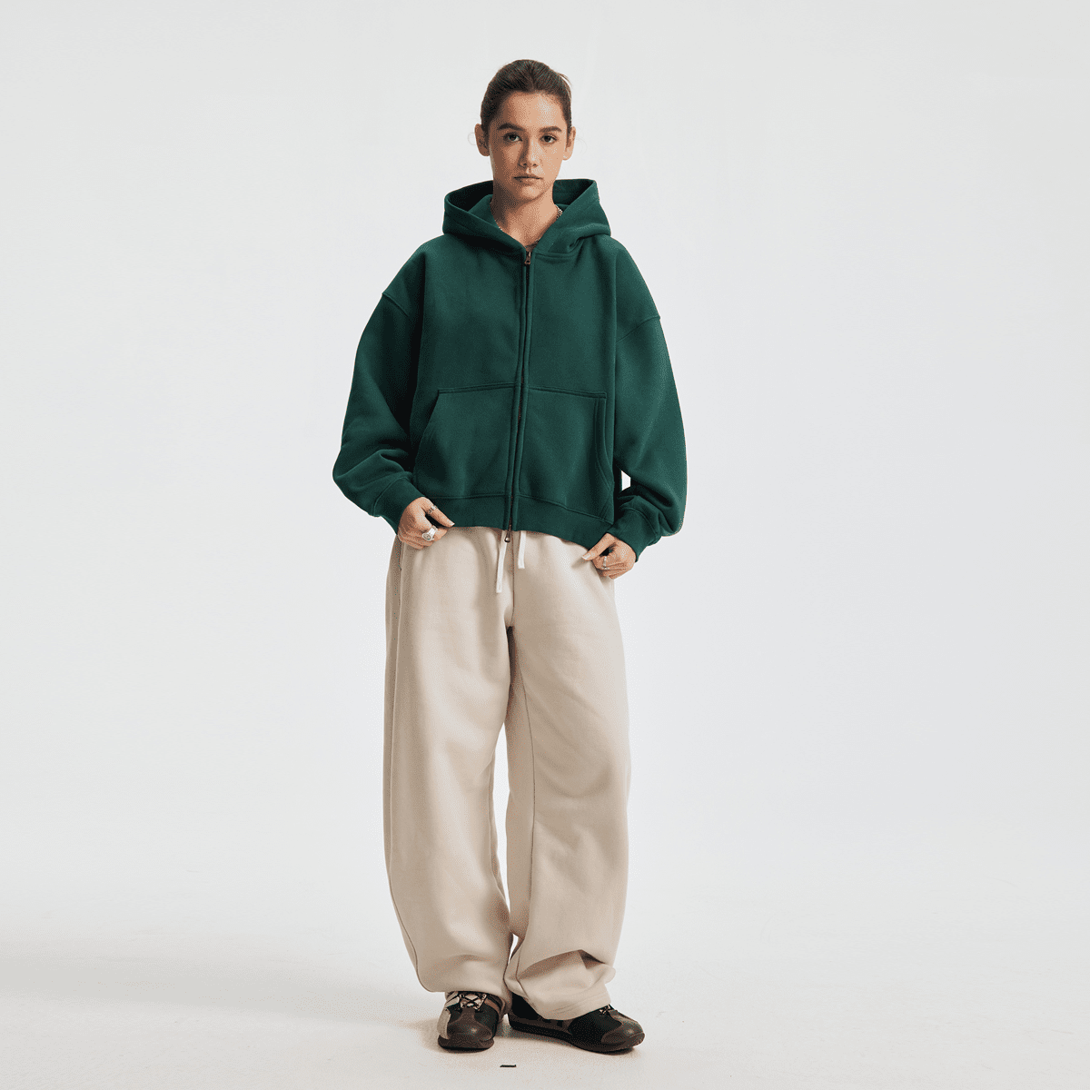Basic Boxy Fleece Double Zip-Up Hoodie (380GSM)