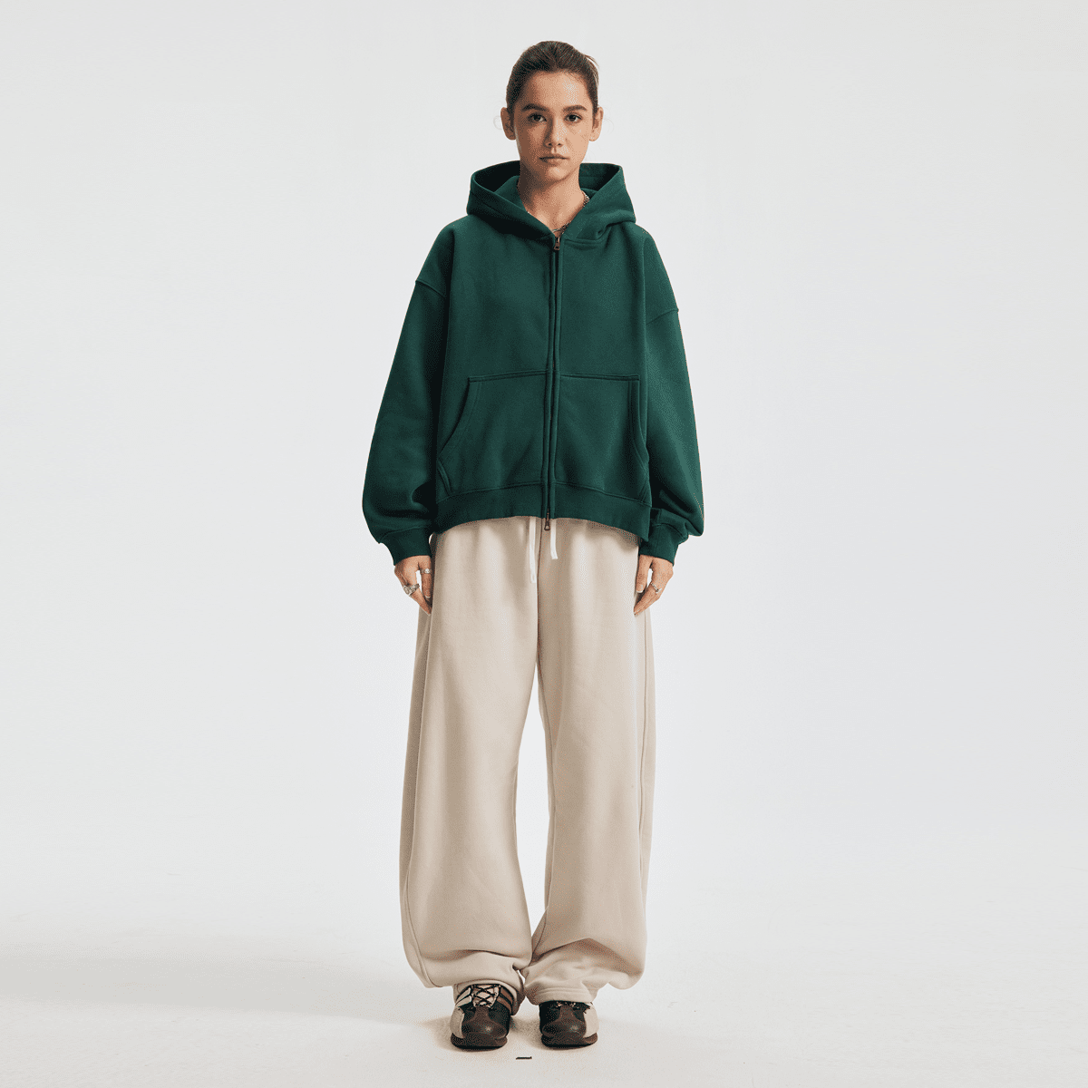 Basic Boxy Fleece Double Zip-Up Hoodie (380GSM)