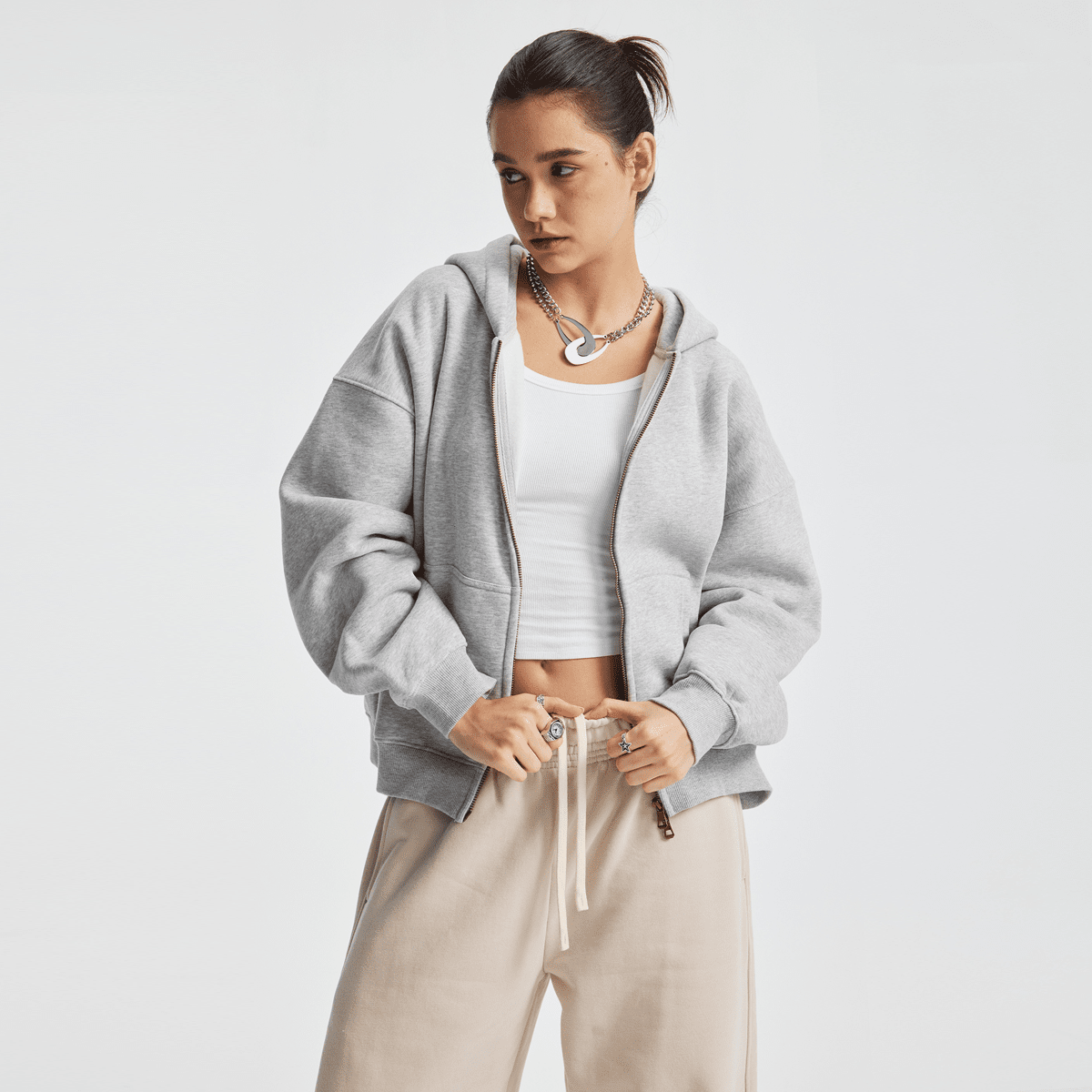 Basic Boxy Fleece Double Zip-Up Hoodie (380GSM)