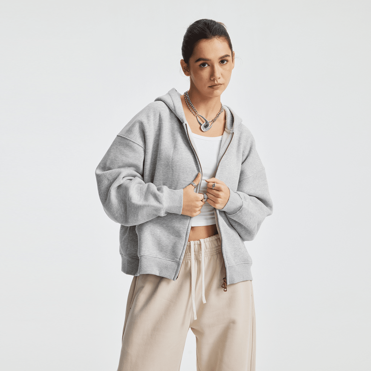 Basic Boxy Fleece Double Zip-Up Hoodie (380GSM)