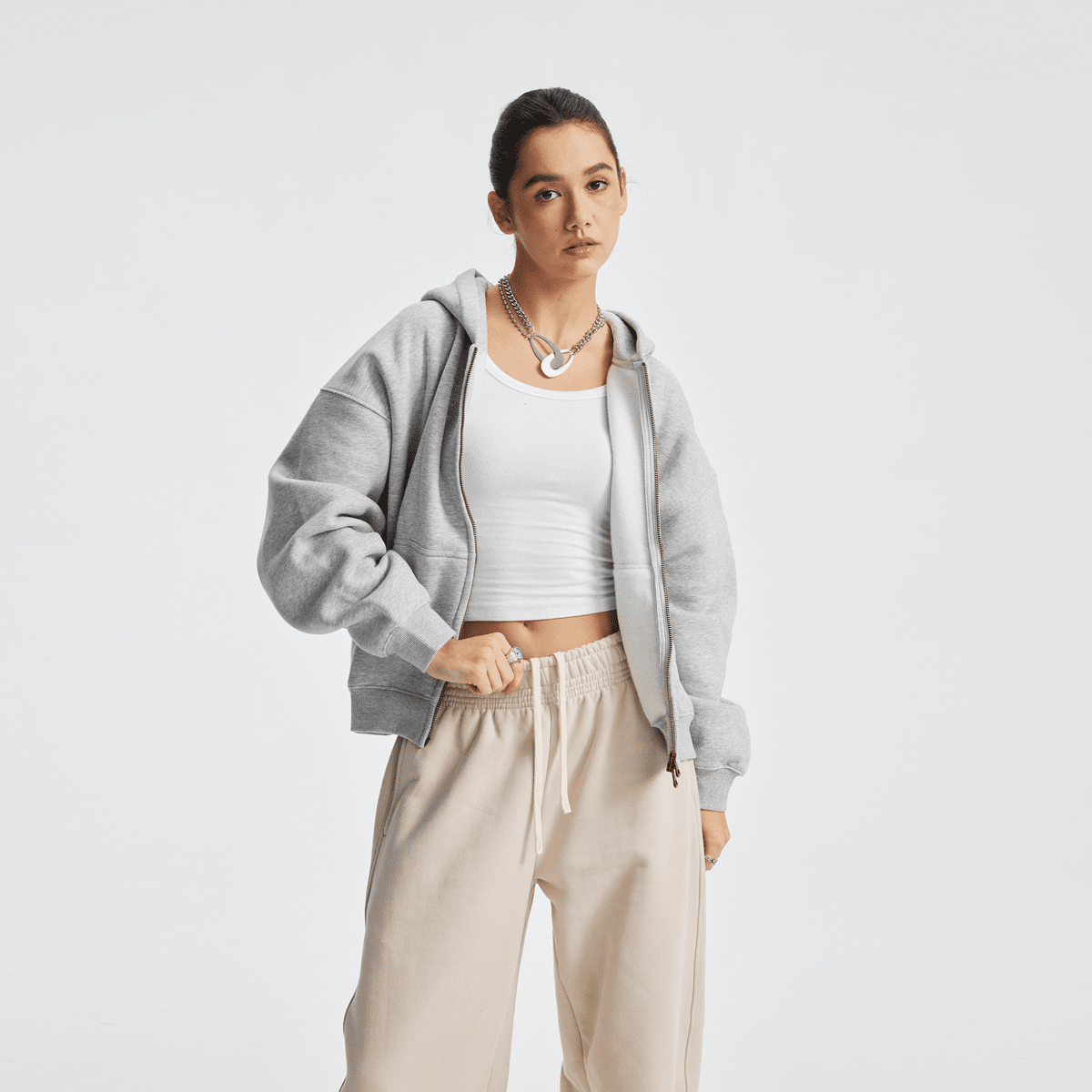 Basic Boxy Fleece Double Zip-Up Hoodie (380GSM)
