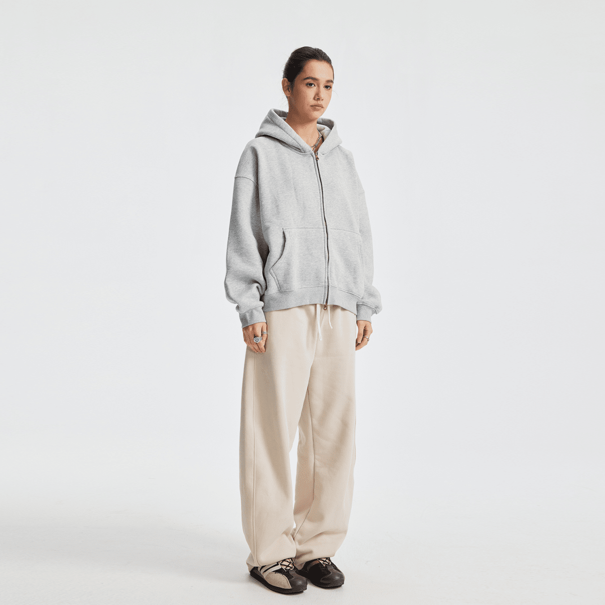 Basic Boxy Fleece Double Zip-Up Hoodie (380GSM)