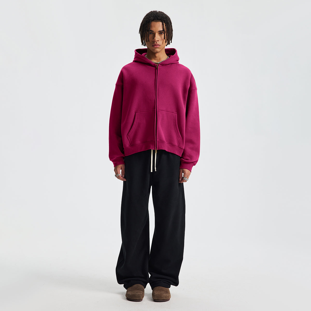 Basic Boxy Fleece Double Zip-Up Hoodie (380GSM)